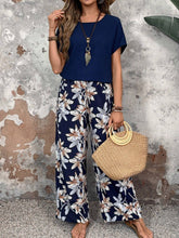 EMERY ROSE Women Solid Color Round Neck Short Sleeve Top And Flower Print Wide Leg Pants Set For Summer